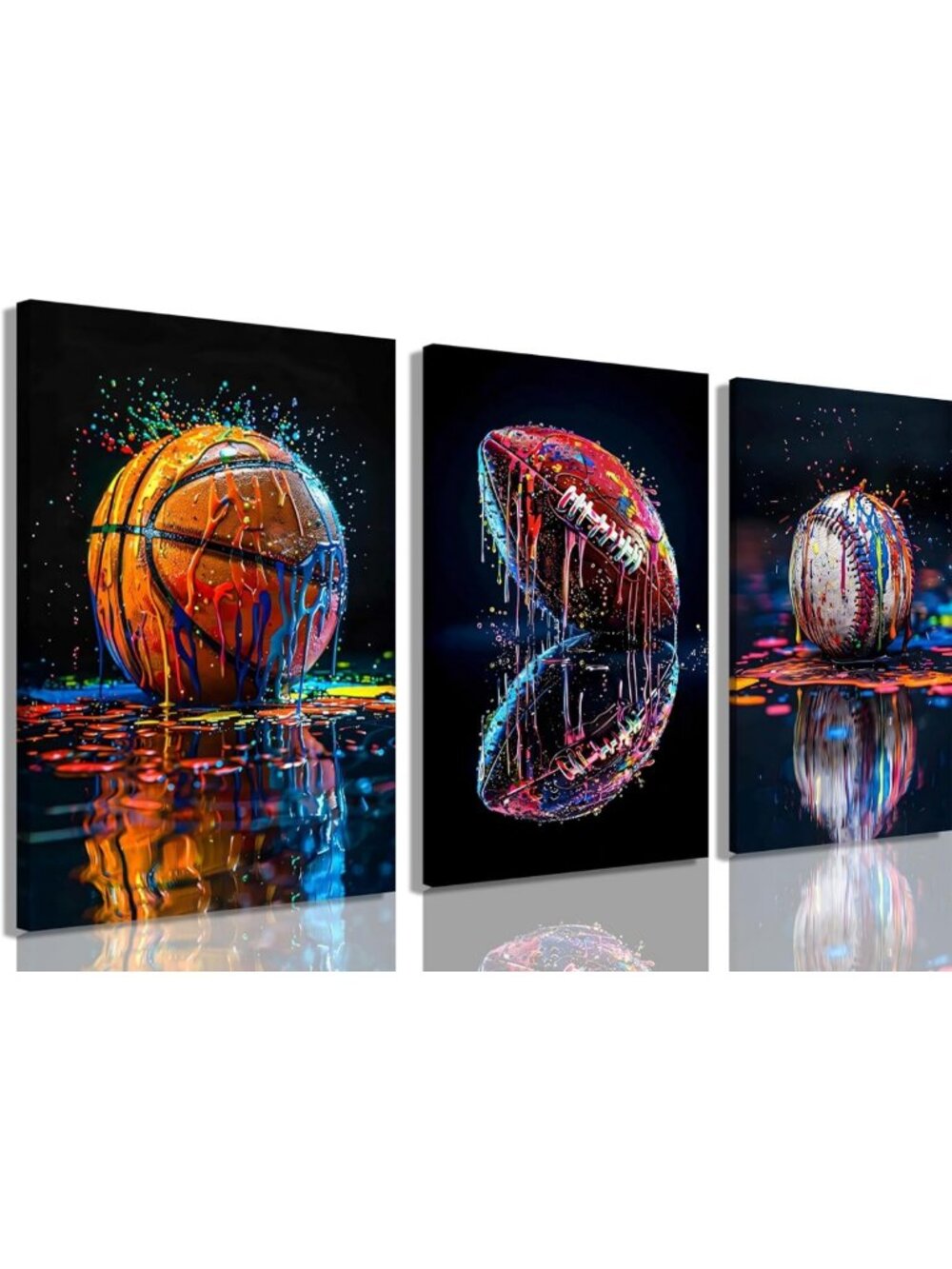 Set of 3 Retro Sports Wall Art Prints - Basketball, Rugby, Baseball Canvas Decor